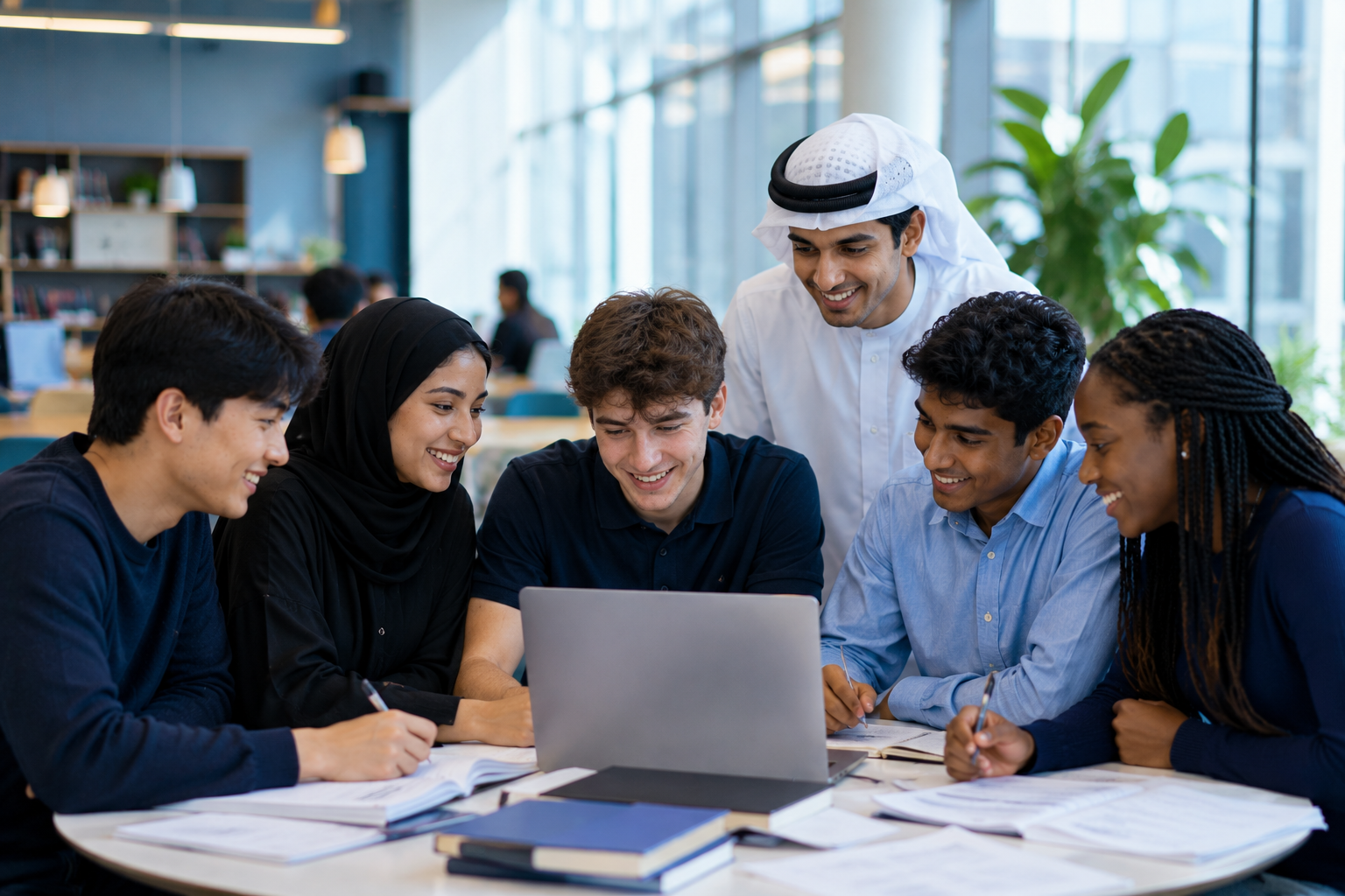 A globally diverse group of international school students working together